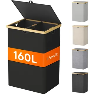 Lifewit 160L Bambus Wäschekorb mit Deckel, Faltbar Wäschesammler 2 Fächer Wäschesortierer mit Abnehmbarem Wäschesack Bambus Griffen Wäschebox Laundry Baskets für Waschküche, Schlafzimmer,Dunkelschwarz