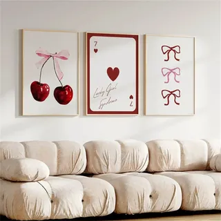 TROYSINC 3er Poster Set Wandbild Bilder – Dekorative Wanddekoration im französischen Stil, Kirschmotiv, Herz-Symbolik und Schleifen-Design, ideal für Schlafzimmer, Wohnzimmer, Sofa Rückwand (50x70cm)