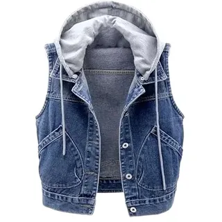 OFFSUM Damen Jeansweste - Frühling Herbst Einreiher Ärmellose Kapuzenjacke Große Größe Einfarbig Mit Tasche Casual Weste Kleidung