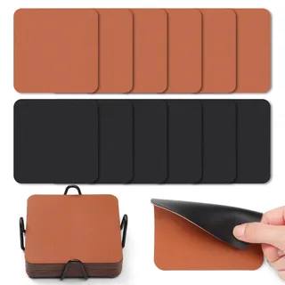 Myir JUN Untersetzer Gläser 12er Viereckige Glas Untersetzer Set 10cm Doppelseitige Untersetzer Teller Wasserfeste rutschfeste Untersetzer mit Untersetzerhaltern(Schwarz Braun)