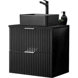 Badmöbel Waschtisch, 61cm, mit schwarzem Aufsatzbecken, ADELAIDE-56-BLACK, matt schwarz Rillenoptik, B/H/T ca. 60,6/72,2/46,5 cm - Schwarz