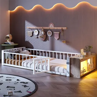 Metallbett 90x200 cm Bettgestell Weiß, Eisenbett mit LED-Beleuchtung und Staufach, Jugendbett mit Schutzgeländer, stabil & platzsparendes Design ohne Matratze - Weiß