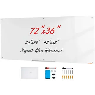 VEVOR Magnetisches Glas-Whiteboard, Wandtafel Trocken Abwischbare Tafel 1829 x 915 cm, Wandmontiertes Weißes Glasboard ohne Rahmen, mit Stiftablage, einem Radiergummi& 2 Stiften, Magnettafel Weiß