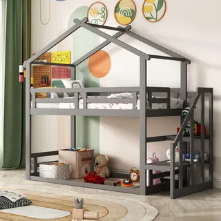 Merax Etagenbett 90x200cm mit Lattenrost und Rausfallschutz, Kinderbett mit Treppe und Dach, Hochbett Massivholz Jugendbett Kinderhaus, Grau - Grau
