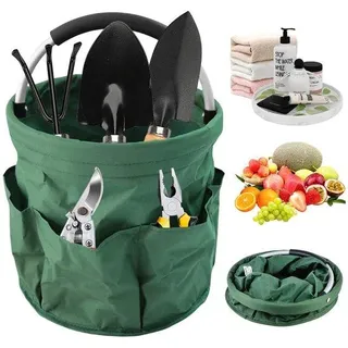 Unyqoos® Garten-Aufbewahrungskorb 17 L – 600D Oxford, wasserabweisend, faltbar, Ø 28×28 cm, Aluminiumgriff, 6 Außentaschen für Gartengeräte - Grün