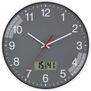 NESIFEE Uhr Mit Temperaturanzeige Wanduhr Ohne Tickgeräusche Groß 30 cm Leise Grau LCD Digitale Thermometer Küchenuhren Wanduhren Lautlos Modern Wohnzimmeruhr Badezimmer Wandfunkuhr Bahnhofsuhr