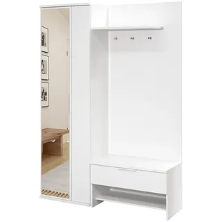 Garderobenschrank Mediolan 140, Flurgarderobe 140 x 200 x 40 cm, Kompaktgarderobe mit Tür, Spiegel, Regalen, Schuhschrank - Weiß