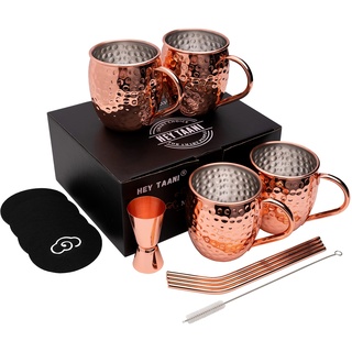 Hey Taani Moscow Mule Becher Set - 4 x 500 ml Kupferbecher Set mit Edelstahl Innenseite - Cocktails, Eiskaffee, Limonade & Gin Kupfer Becher - 4 Strohhalme, 4 Untersetzer, Jigger & Reinigungsbürste