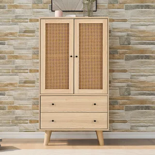 Flieks Kommode Sideboard mit 2 Schubladen und 2 Türen, Rattan Wohnzimmerschränke Stehschrank TV Tisch 60x40x120cm - Beige