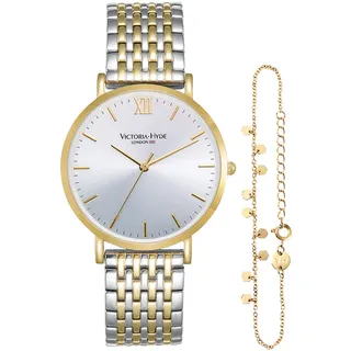 VICTORIA HYDE Damen Uhren Gold Analog Quarz Damenuhr Edelstahl Wasserdicht Armbanduhr Set mit Armreif (Gold)