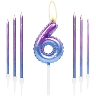 mciskin Bunte Geburtstagskerzen Set Zahl 6 mit 6 langen Kerzen Lila Blau Tortendeko zum 6. Geburtstag