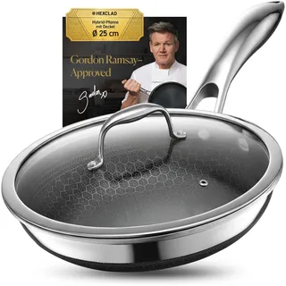 HexClad Hybrid-Pfanne mit Deckel Ø 25 cm – Edelstahlpfanne mit Wabenstruktur – Bratpfanne für alle Herdarten, auch Induktion – Antihaftbeschichtete Pfanne, ofen- & spülmaschinenfest