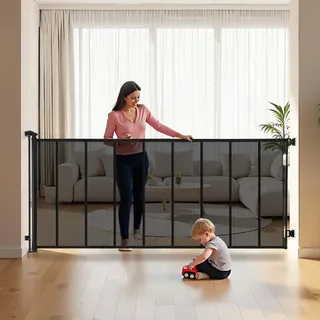 VEVOR einziehbares Babygitter Hundegitter ausziehbar auf 415 cm Breite / 99 cm Höhe, Haustiergitter mit verstärkten Fiberglasstreifen, Schutzgitter aus Netzgewebe für Terrassen Garagen Schwarz