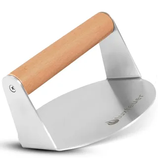 Smash Burgerpresse Edelstahl Ø14 cm mit Holzgriff 20x Antihaftpapier, Profi Burger Smasher für Grill & Pfanne, Hamburgerpresse für saftige Smash Burger, rostfrei und leicht zu reinigen (Burgerpress)