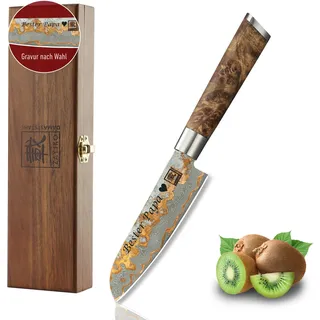 zayiko MysticMagma kleines Santokumesser mit Gravur – Personalisiertes Messer, 12 cm Damaststahl-Klinge, Kupfer- & Bronzeinlay, Ahornwurzelholzgriff – Messer mit Gravur personalisiert, Geschenkbox