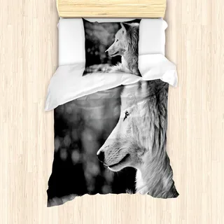 ABAKUHAUS Schwarz und weiß Bettbezug Set für Einzelbetten, Wolf Portrait, Milbensicher Allergiker geeignet mit Kissenbezug, Blasses Grau - Schwarz