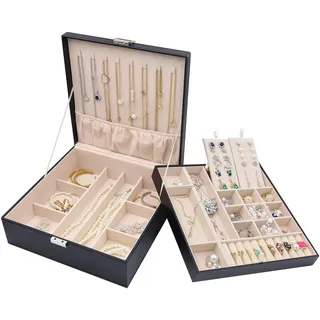 ProCase Schmuckschatulle Damen Leder, Schmuckkästchen mit 2 Ebenen Schmuckkasten Schmuckkoffer Schmuckaufbewahrung Schmuckbox Jewelry Box für Ringe, Ohrringe, Halsketten, Armbänder -Schwarz