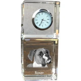 Boxer, Deutscher Boxer I - Kristalluhr mit Foto, Hundebild im Kristall, personalisierte Schreibtischuhr von Art-Dog.