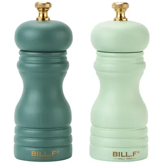 Bill.F Salz- und Pfeffermühlenset, Pfeffermühle aus Holz, 2er-Set, manuelle Salz-Pfefferstreuer-Mühle, nachfüllbar, 13,5 cm (2er-Set grün)