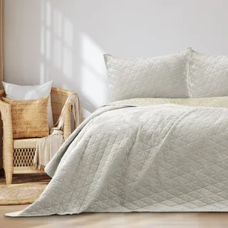 RESTILO Tagesdecke 240x260 cm Hellbeige Bettüberwürf zweiseitig Steppung Velvet Samt Laila