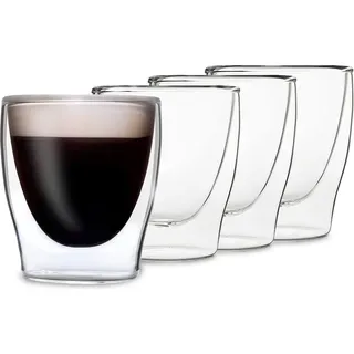DUOS® Espressotassen Glas 4x80ml, Doppelwandige Gläser Latte Macchiato, Doppelwandige Kaffeegläser, Teegläser, Cappuccino Gläser, Eiskaffee Gläser Thermogläser doppelwandig, Latte Macchiato Gläser Set - Transparent