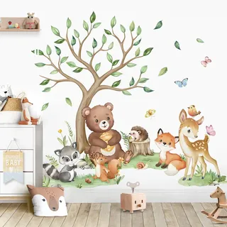 wondever Wandtattoo Waldtiere Baum Wandsticker Bär Rehe Füchse Waschbär | Abziehen und Aufkleben, Abziehbar, Wandaufkleber Selbstklebend für Kinderzimmer Babyzimmer Schlafzimmer Wanddeko