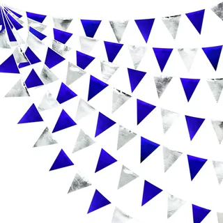 32Ft Silber Blau Stoff Dreieck Banner Flagge Doppelseitig Metallic Holographische Wimpel Wimpelkette für Geburtstag Hochzeit Braut Babyparty Valentinstag Nautisch Ahoi Anker Piraten Party Dekorationen