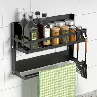 Gewürzregal - Hängendes Küchenregal aus Edelstahl - Ohne Bohren - Schwarz - 4 Haken Hängender Küchenrollenhalter - Blau