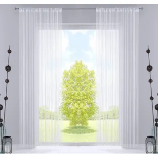 Gardinenbox 2er Set Fadengardine, HxB 250x140 cm, Weiß Lurex mit Tunneldurchzug und eingenähtem Kräuselband, geeignet für Gardinenstangen und Gardinenschienen Fadenvorhänge Fadenstores Raumteiler, 20303CN2