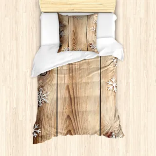 ABAKUHAUS Weihnachten Mantele, Holz Plank Schneeflocken, Milbensicher Allergiker geeignet mit Kissenbezügen, 135 cm x 200 cm - 80 x 80 cm, Braun Hellbraun Weiß - Braun
