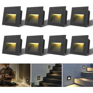 Arotelicht 8er 3W LED Treppenbeleuchtung Wandleuchte 230V Treppenlicht Warmweiß Innen Eckig Aluminium Einbaustrahler Treppenleuchte IP44 Innen Außen Schwarz Stufenlicht, Nicht die Standardgröße 60mm