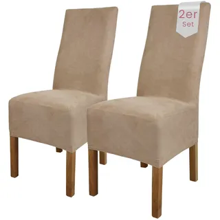 Scheffler Home Stuhlhussen Taupe Velours 2er Set Leon – Waschbare elastische Stuhlbezüge für Esszimmerstühle, Hochlehner und Polsterstühle – Stretch Husse, Oeko-TEX Zertifiziert