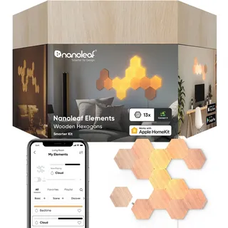 Nanoleaf Elements Hexagon Starter Kit, 13 Smarten Holzoptik LED Panels - Modulare Dimmbare WLAN Wandleuchte Innen, Musik Sync, Funktioniert mit Alexa Google Apple, Deko Wohnzimmer Schlafzimmer Büro