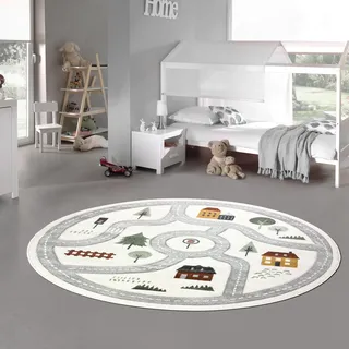 Teppich-Traum Kinderteppich Straßenmotiv Creme Pastell Ø 200 cm | Pflegeleicht, schmutzabweisend, weich, robust und formstabil, schadstofffrei, Kreisverkehr, Häuser und Bäume