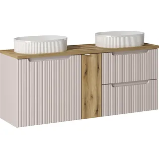 Badezimmerschrank 140 cm mit Platte Eiche, Kaschmir, 2 Aufsatzwaschbecken - Braun