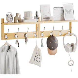 STELLSTAR Wandgarderobe mit Ablage 80 cm, 2 Pack, Bambus Wandregal mit 8 Haken für Eingang, Flur, Küche, Hauswirtschaftsraum (Natural)