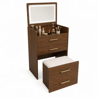 Stilvora Schminktisch in Nussbaumfarben Frisiertisch mit Spiegel Glasplatte 3 Schubladen für Wohnzimmer B60/T40/H118cm , Holzwerkstoff, Glas , Rechteckig,Rechteckig , 60x118x40 cm , Schlafzimmer, Schminktische