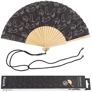 Fisura - Origineller Handfächer mit Katzenzeichnung. Moderner und lustiger Fächer. Schwarzer und weißer Faltfächer . Maße: 42,5 X 23. Material: Holz und Textil.