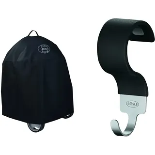 RÖSLE Holzkohle-Kugelgrill Abdeckhaube No.1 F50/F50 AIR, Hochwertige Schutzhülle aus 100% Polyester & Hakenset, Hochwertige Haken für RÖSLE Kugelgrill No.1 F50/F60, Edelstahl 18/10, Silikon, 5-teilig
