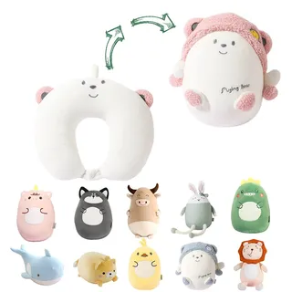 JOYRAVO Kinder Reisekissen 2-in-1 verformbares Nackenkissen, weiches U-förmiges Kissen mit niedlichen Plüschtieren, gemütlicher Schlaf- und Spielbegleiter für Flugzeuge, Autos und Reisen - Bär