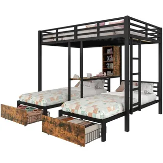 Stilvora Etagenbett 140/200 cm & 90/200 cm in Schwarz mit 2 Schubladen, Staufächern und Regalen , Metall, Holz , 90x200 cm , Babymöbel & Kindermöbel, Kinderzimmer & Jugendzimmer, Stockbetten