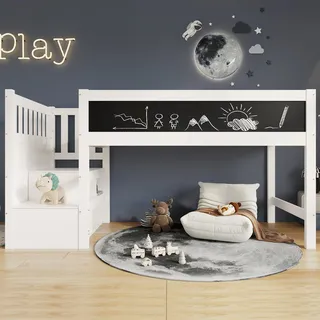 Flieks Etagenbett 90x200cm mit Tafel, Kinderbett Hochbett mit Stauraumtreppe, Massivholz Kinderbett Einzelbett mit Lattenrost, Weiß - Weiß