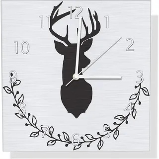 Wallario Design Wanduhr Schwarze Hirsch Silhouette mit Zweigen - schwarz weiß aus Aluverbund, Größe 30 x 30 cm - Weiß