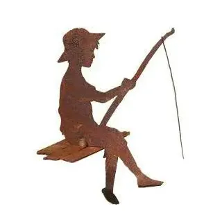 Klocke Edelrost Dekor Rost Figuren für den Garten - Kleiner Angler (Kantenhocker) - Höhe 30cm - Dekofigur/Gartendekoration