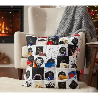 KAMACA Adventskalender Kissen 40x40 cm mit 24 Taschen zur individuellen Befüllung Wiederverwendbarer Stoff-Kalender Moderne Alternative zum Schoko-Kalender (Adventskalender Kissen Black/White)