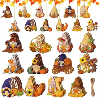 Huahuanghui 36er Set Holz Deko Hänger Herbst Dekoration,Zwerg Wichtel Ahornblatt Kürbis Herstdeko Bunte bemalt Fensterhänger mit Schnur,Aufhängen Erntedankfest Thanksgiving (A)