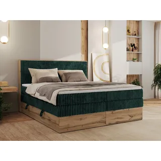 MKS Meble Boxspringbett WOOD CLASSIC KING, Doppelbett mit zwei Multipocket-Matratze und Toppper, hohe Kopfteil, Stauraum - 160 x 200 cm - H4 - Dunkelgrün Cord - dunkelgrün