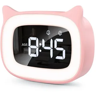 mizikuu Wecker Digital Kinder, mit Licht, Dual-Wecker, LED-Nachtlicht mädchen, Funkuhr mit Snooze Funktion 18 Musik Klingeltöne 5 Helligkeitsmodus 12/24 Stunden USB-Aufladung, Rosa