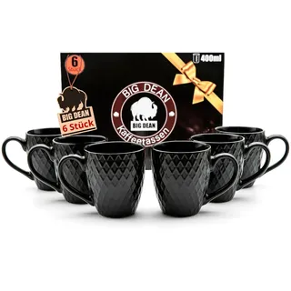 BigDean 6 Kaffeetassen 400ml schwarz matt Kaffeebecher Keramik Hochwertig | Tassen Set in Geschenkbox