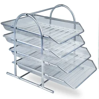 Zuvo 4-stöckiger Schreibtisch-Organizer aus Metall Silber – Stapelbares A4-Ablagefach – Briefablage aus Gitter für Papieraufbewahrung – Elegantes Büro-Accessoire